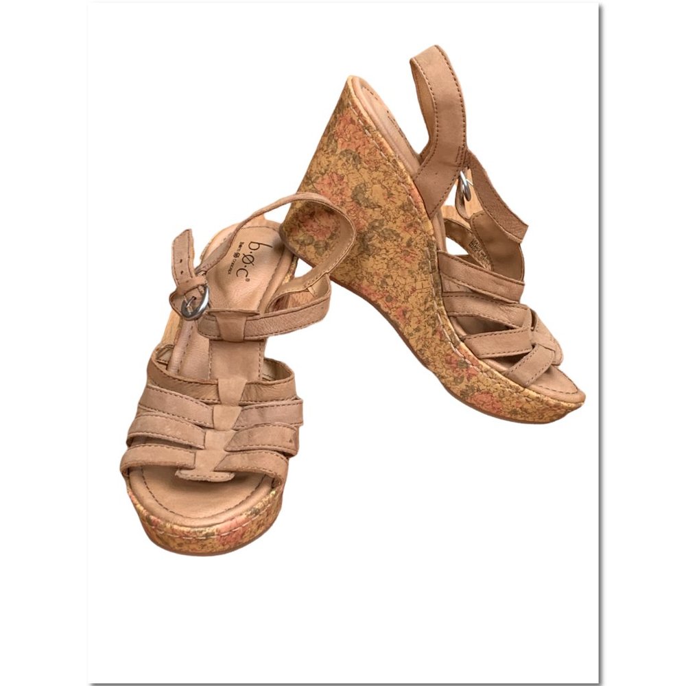 B.O.C. Born Concepts Floral Cork Wedge Heels Size 7 Tan Leather